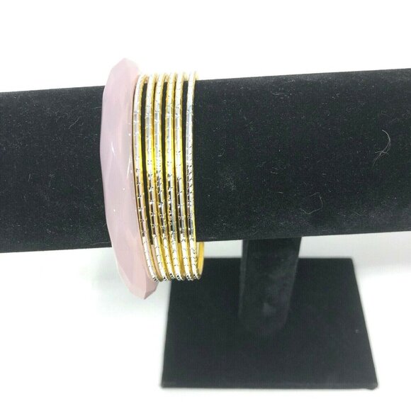 Avon Bangle Bracelet Set 6 Silver Gold Tone 1 Pink Faceted Size Small - Picture 2 of 3